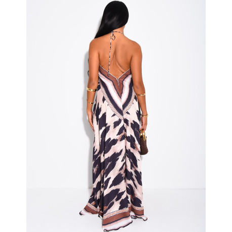 Langes, rückenfreies Kleid mit Print und Strassverzierung