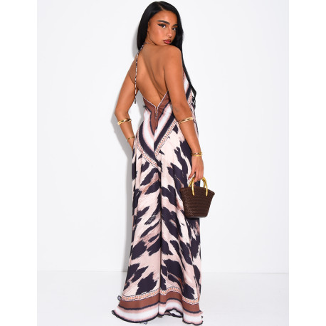 Langes, rückenfreies Kleid mit Print und Strassverzierung