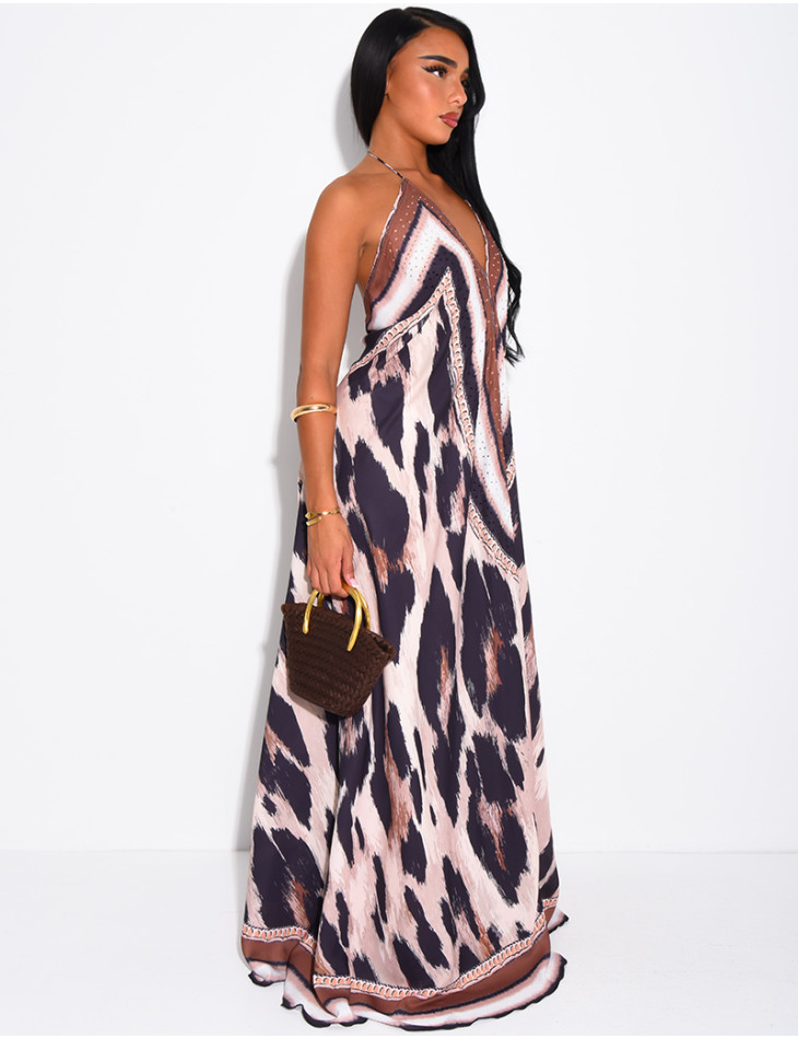 Langes, rückenfreies Kleid mit Print und Strassverzierung