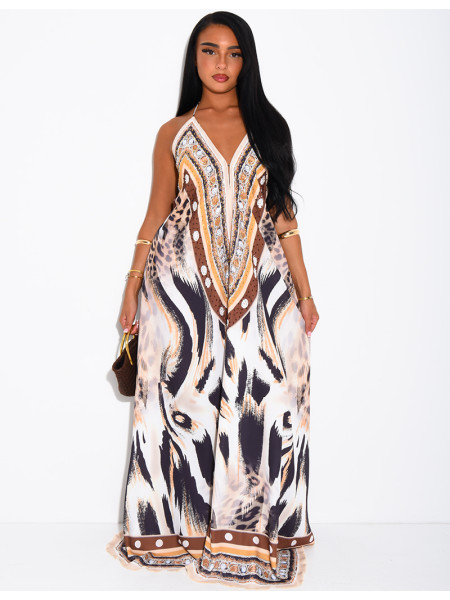 Langes, rückenfreies Kleid mit Print und Strassverzierung