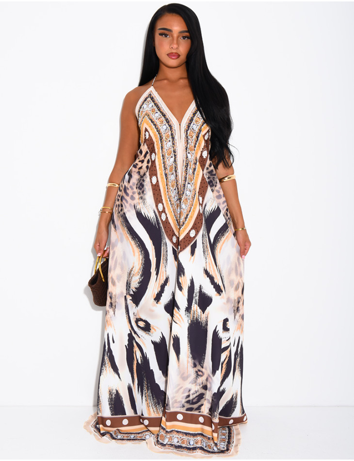 Langes, rückenfreies Kleid mit Print und Strassverzierung
