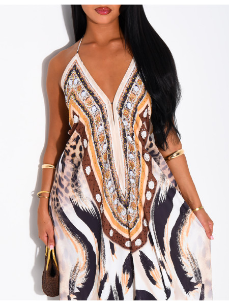 Langes, rückenfreies Kleid mit Print und Strassverzierung