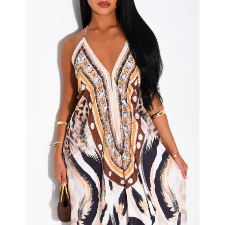 Langes, rückenfreies Kleid mit Print und Strassverzierung
