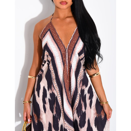 Langes, rückenfreies Kleid mit Print und Strassverzierung