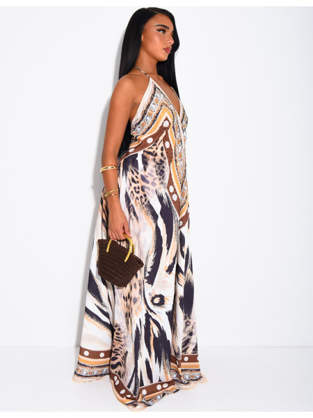 Langes, rückenfreies Kleid mit Print und Strassverzierung