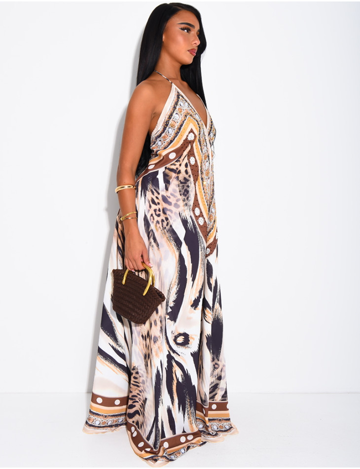 Langes, rückenfreies Kleid mit Print und Strassverzierung