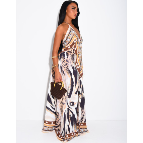 Langes, rückenfreies Kleid mit Print und Strassverzierung