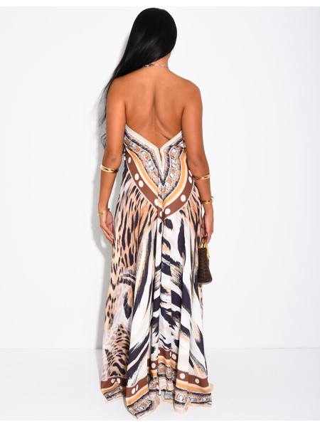 Langes, rückenfreies Kleid mit Print und Strassverzierung
