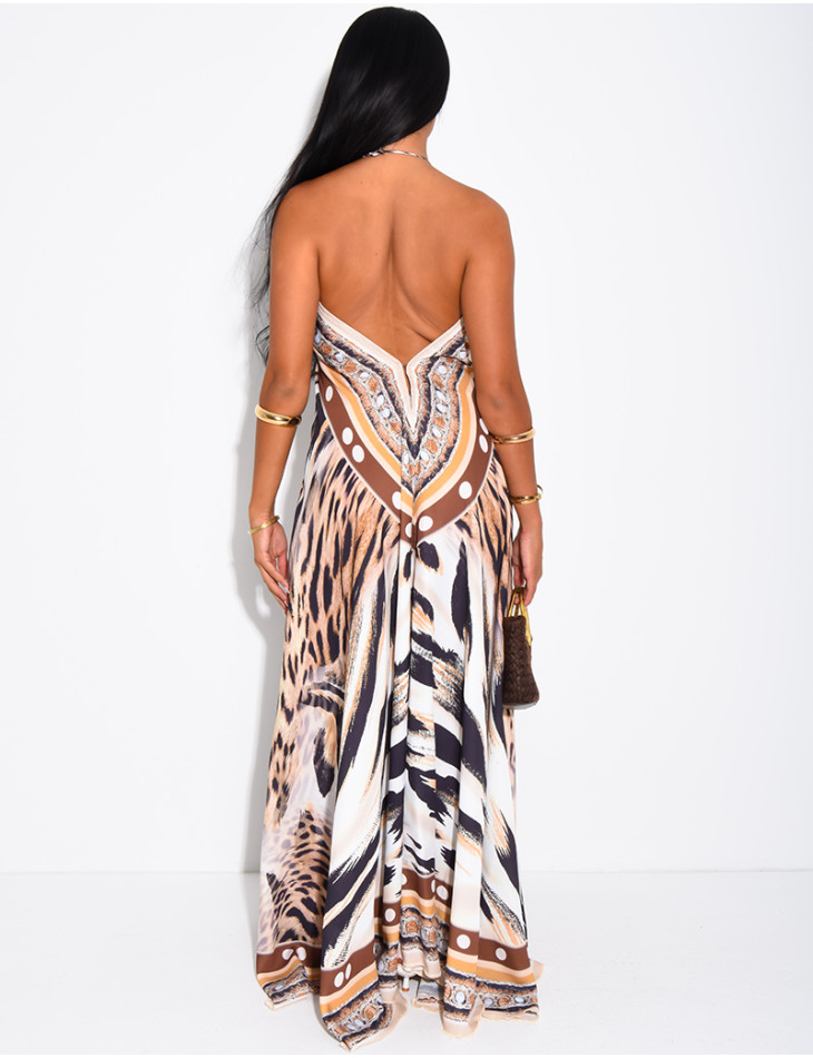Langes, rückenfreies Kleid mit Print und Strassverzierung