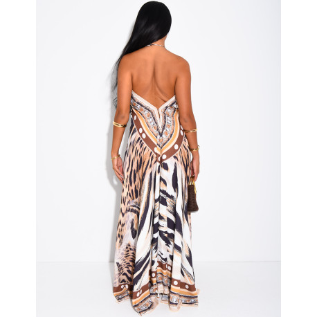 Langes, rückenfreies Kleid mit Print und Strassverzierung