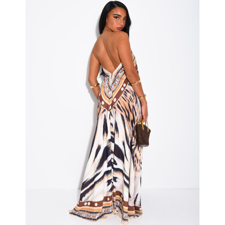 Langes, rückenfreies Kleid mit Print und Strassverzierung