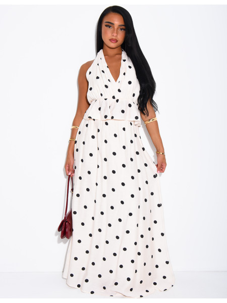 Ensemble à pois jupe longue et crop top dos nu