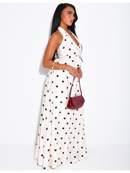 Ensemble à pois jupe longue et crop top dos nu