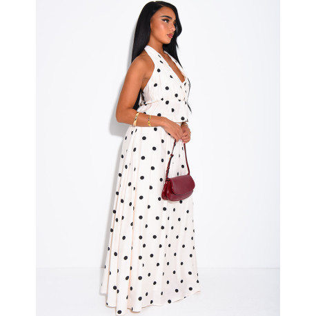 Ensemble à pois jupe longue et crop top dos nu