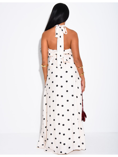 Ensemble à pois jupe longue et crop top dos nu