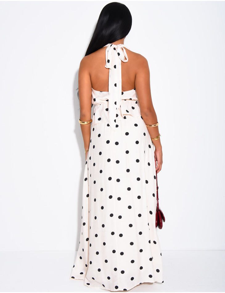 Ensemble à pois jupe longue et crop top dos nu