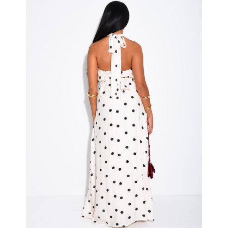 Ensemble à pois jupe longue et crop top dos nu