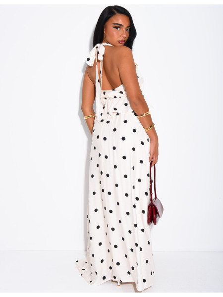 Ensemble à pois jupe longue et crop top dos nu