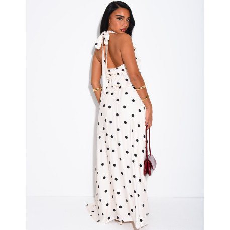 Ensemble à pois jupe longue et crop top dos nu