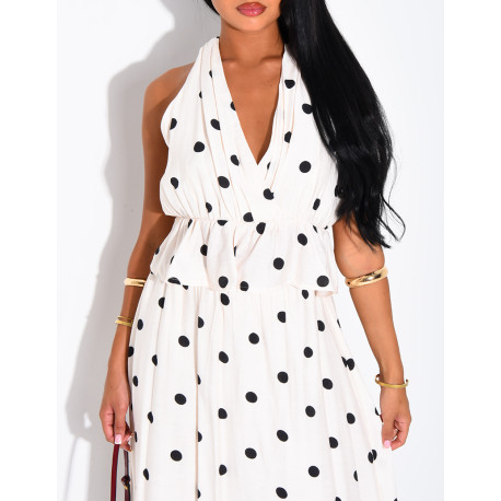 Ensemble à pois jupe longue et crop top dos nu