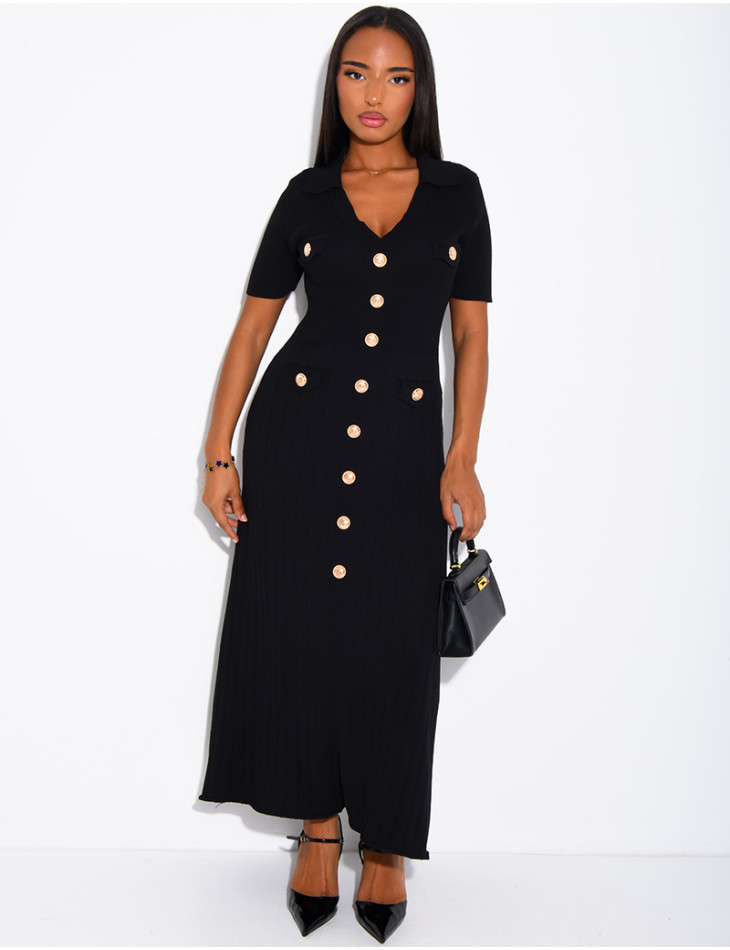 Long ribbed dress with gold buttons