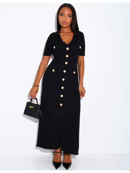 Long ribbed dress with gold buttons