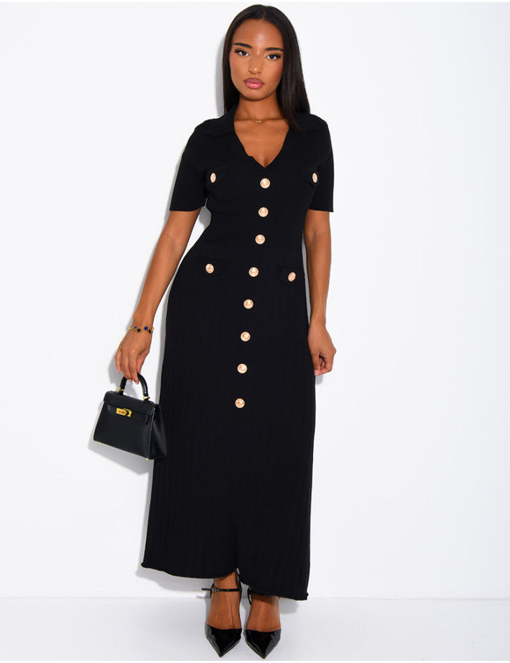 Long ribbed dress with gold buttons
