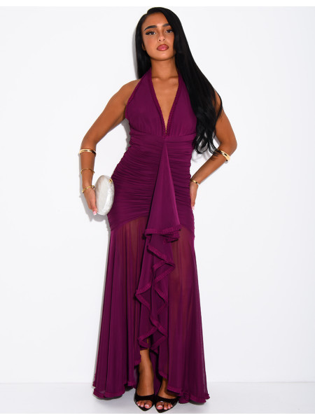 Langes, gerafftes, rückenfreies Kleid mit Rüschen