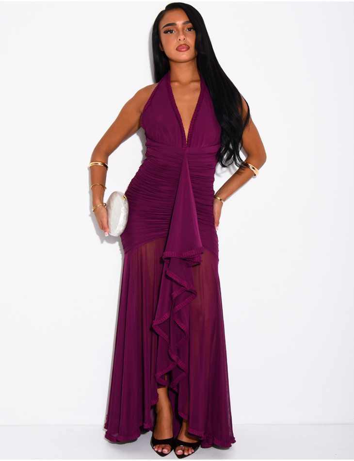 Langes, gerafftes, rückenfreies Kleid mit Rüschen