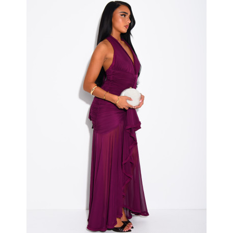 Langes, gerafftes, rückenfreies Kleid mit Rüschen