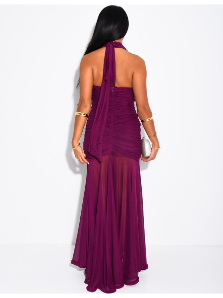 Langes, gerafftes, rückenfreies Kleid mit Rüschen