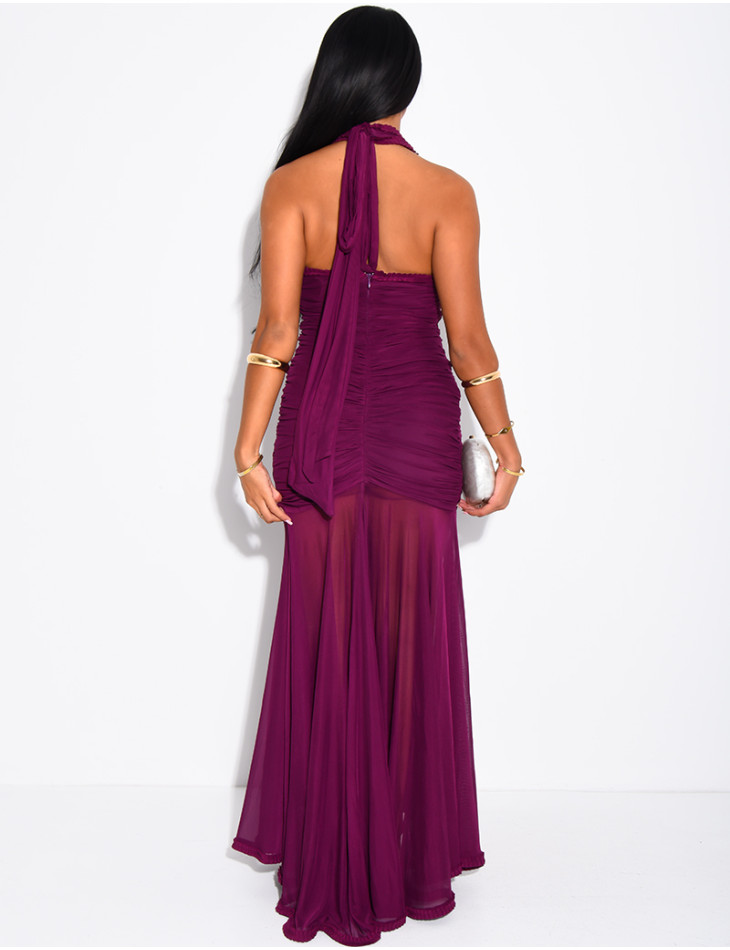 Langes, gerafftes, rückenfreies Kleid mit Rüschen
