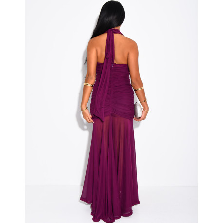 Langes, gerafftes, rückenfreies Kleid mit Rüschen