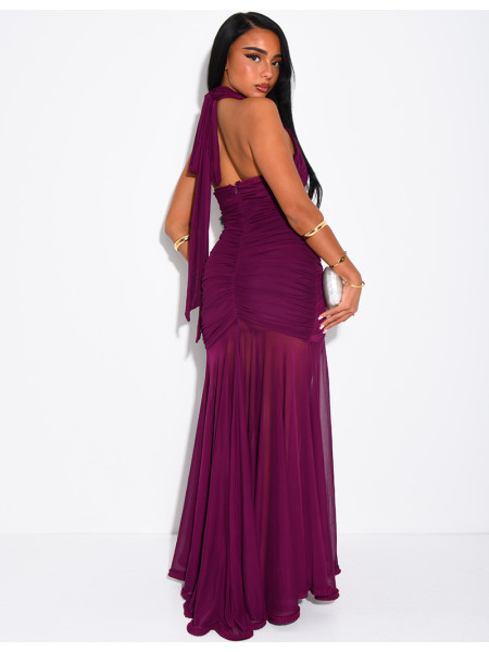Langes, gerafftes, rückenfreies Kleid mit Rüschen