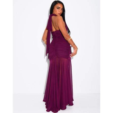 Langes, gerafftes, rückenfreies Kleid mit Rüschen