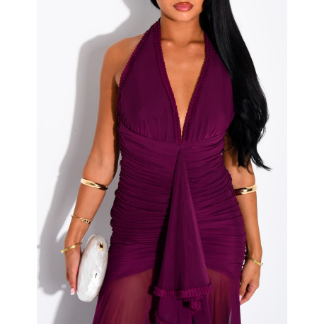 Langes, gerafftes, rückenfreies Kleid mit Rüschen