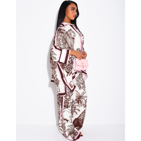Set featuring a flowing shirt and pants with a scarf-style print
