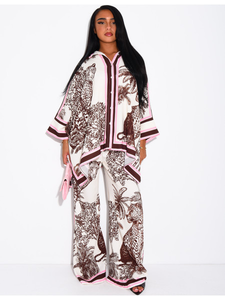 Set featuring a flowing shirt and pants with a scarf-style print