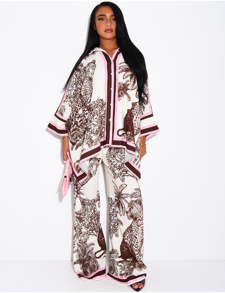 Set featuring a flowing shirt and pants with a scarf-style print