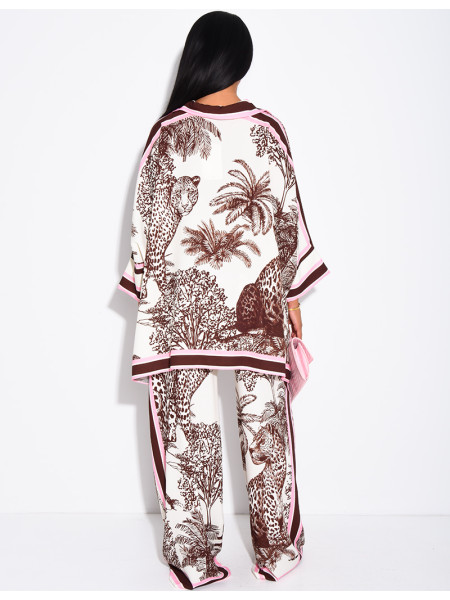 Set featuring a flowing shirt and pants with a scarf-style print
