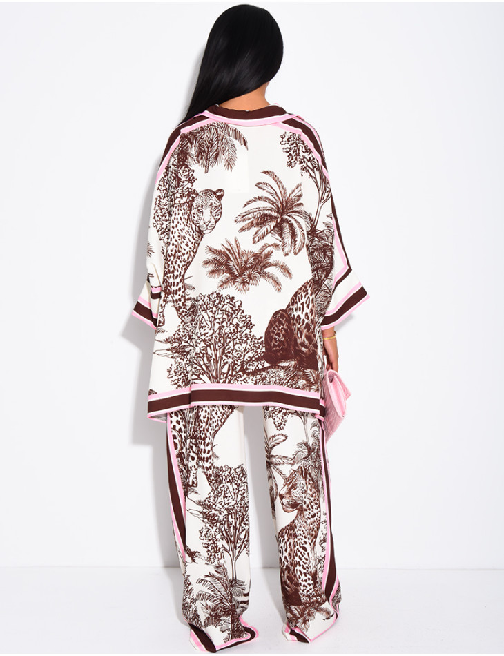 Set featuring a flowing shirt and pants with a scarf-style print