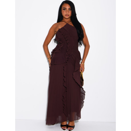 Langes, rückenfreies, plissiertes Kleid mit Volants