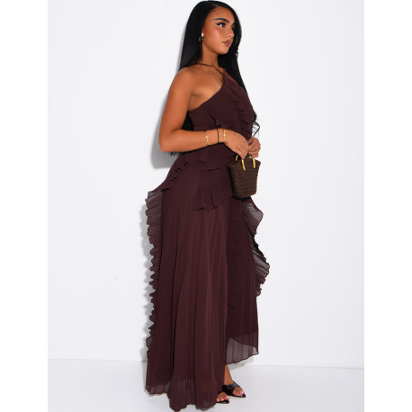 Langes, rückenfreies, plissiertes Kleid mit Volants