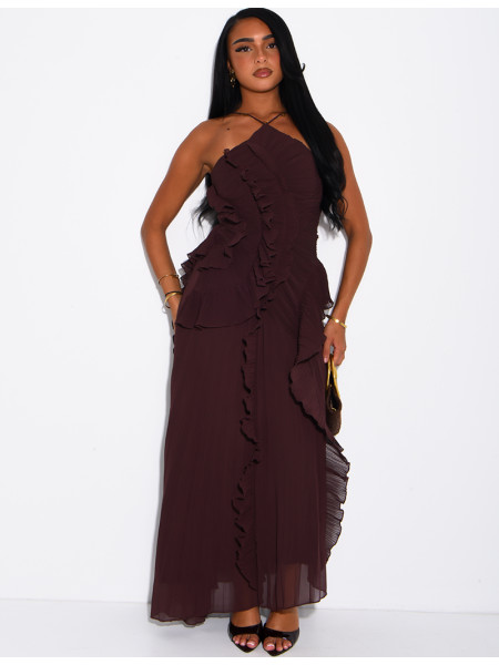 Langes, rückenfreies, plissiertes Kleid mit Volants