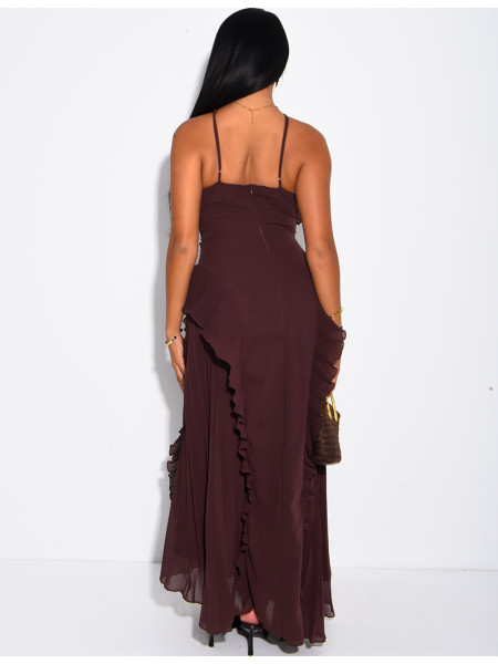 Langes, rückenfreies, plissiertes Kleid mit Volants