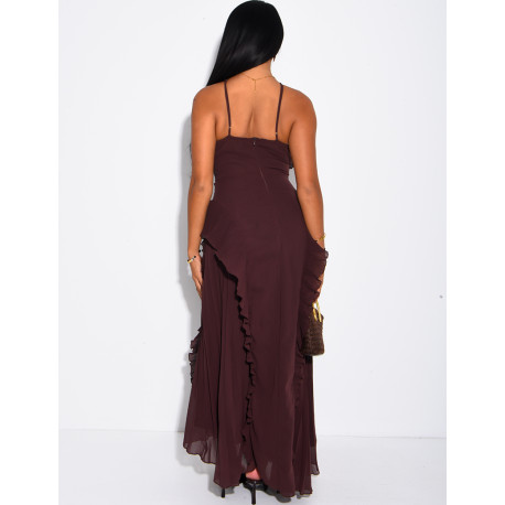 Langes, rückenfreies, plissiertes Kleid mit Volants