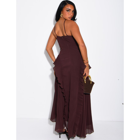 Langes, rückenfreies, plissiertes Kleid mit Volants
