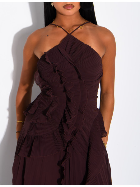 Langes, rückenfreies, plissiertes Kleid mit Volants