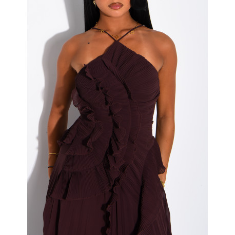 Langes, rückenfreies, plissiertes Kleid mit Volants