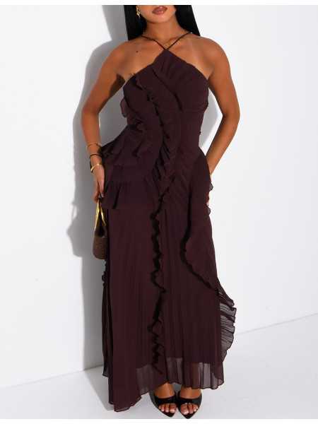 Langes, rückenfreies, plissiertes Kleid mit Volants